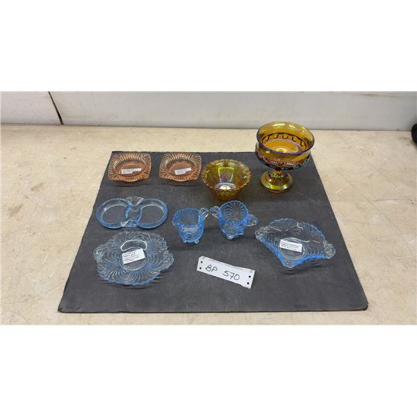 5-Piece Vintage Cambridge Caprice Moonlight Blue Glass and 4-Piece Depression Glass