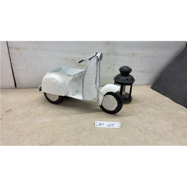 Tin Scooter Planter 7.5 × 12 × 18” and Black Hanging Lantern for candle
