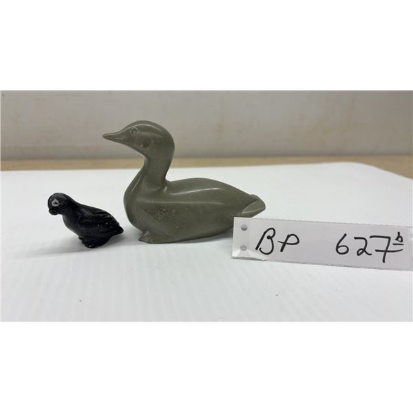 Two Soap Stone Figurines: Vintage Large Sea Sculpture, 5.5 L x 2 5/8 H x 2 1/8” W and Small Loon