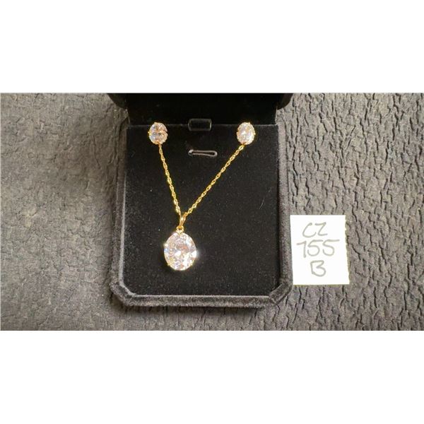 18K Gold Plated 10.0ct Oval Cut Simulated Diamond (CZ) 2-Piece Necklace and Stud Earrings