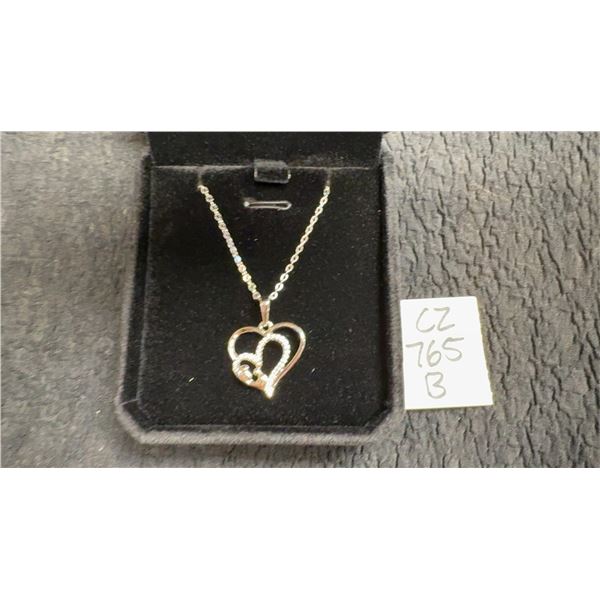 Platinum Plated 25.0mm Simulated Diamond (CZ) Double Heart Necklace, 17” - 19” Long