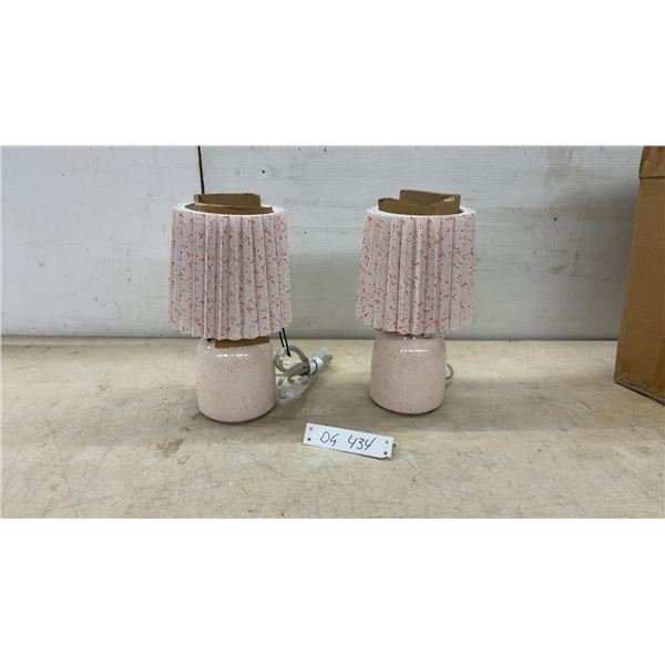 Pair of Pleated Table Lamps with Speckled Pink Ceramic Bases and Cords, 11” H