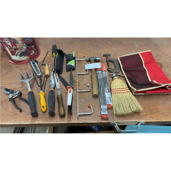 Assorted Garden and Hand Tools: Pruning Shears, Trowels, Rakes, Hammer, Files