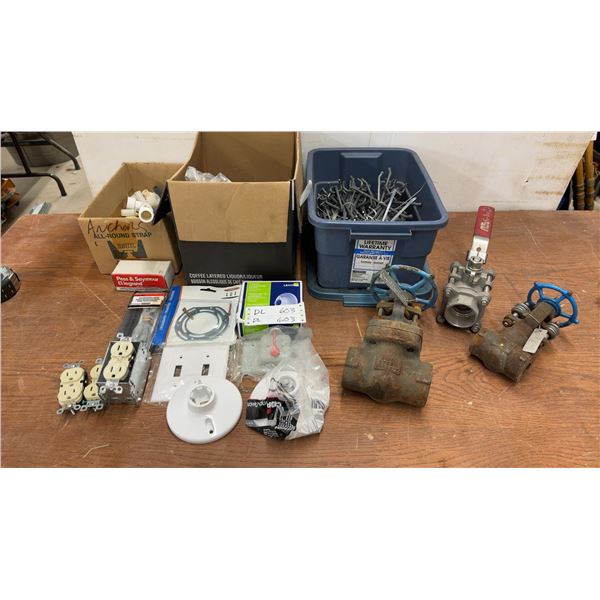 Assorted Valves, Electrical Outlets, Switches, Peg Board Hangers