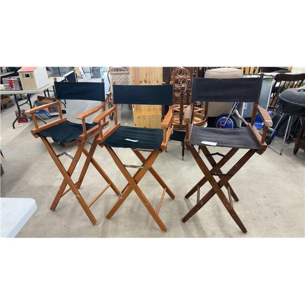 Three Director's Chairs: Two Light Wood and Black Canvas, One Dark Wood and Black Canvas