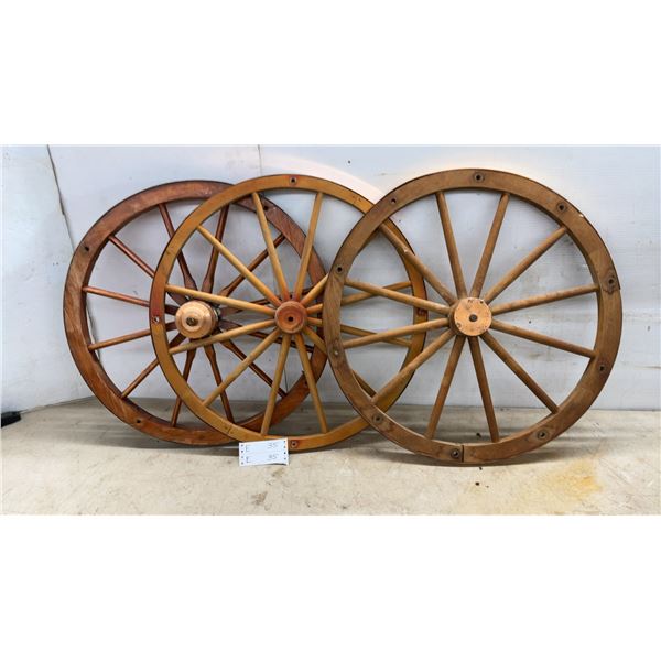 Three Wooden Wagon Wheels with Copper Hubs 25”