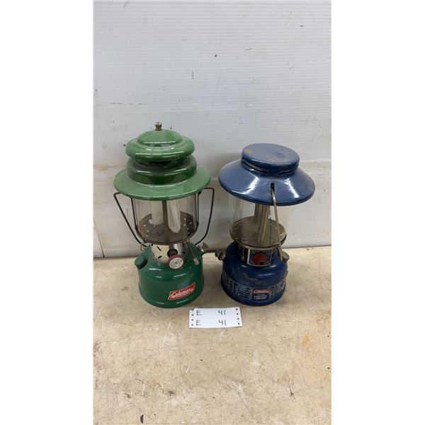 Two Coleman Lanterns: Green 220F and Blue 621A, with Mantles, Generators, and Globes
