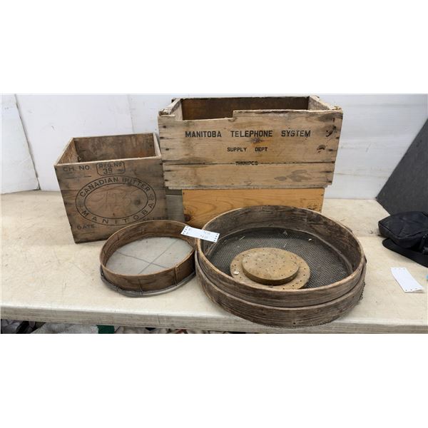 Manitoba Telephone System Supply Dept. Crate, Canadian Butter Crate, and 2 Wood Sieves