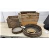 Image 1 : Manitoba Telephone System Supply Dept. Crate, Canadian Butter Crate, and 2 Wood Sieves
