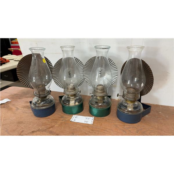 Four Wall-Mount Kerosene Lamps with Corrugated Tin Reflectors and Glass Chimneys
