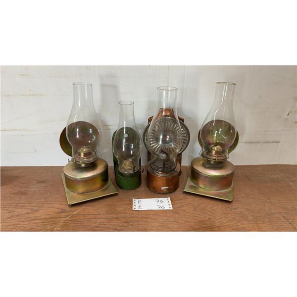 Four Wall-Mount Kerosene Lamps: Two Brass-Tone, One Green, One Copper-Tone