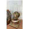 Image 2 : Four Wall-Mount Kerosene Lamps: Two Brass-Tone, One Green, One Copper-Tone