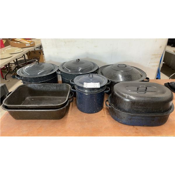 Assorted Enamelware: 2 Roasters, 2 Stock Pots, 2 Canning Pots, 2 Baking Pans