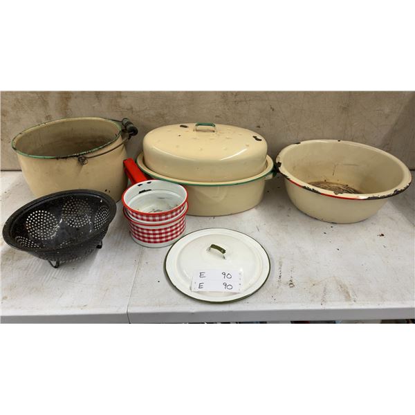 Enamelware Lot: Large Roaster, Basin, Bucket, Colander, 2 Saucepans, and Lid