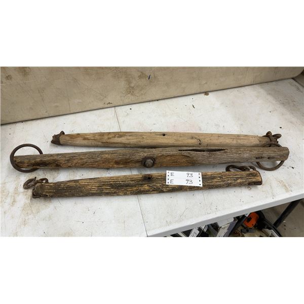 Three Wood and Metal Doubletree/Singletree Bars with Rings and Hooks