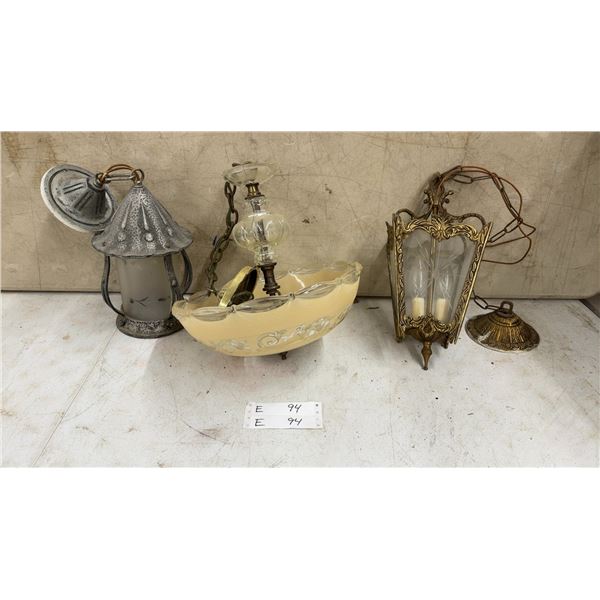 Three Vintage Light Fixtures: Hammered Metal Lantern, Glass Bowl Chandelier, and Brass Lantern