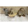 Image 1 : Three Vintage Light Fixtures: Hammered Metal Lantern, Glass Bowl Chandelier, and Brass Lantern