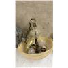 Image 3 : Three Vintage Light Fixtures: Hammered Metal Lantern, Glass Bowl Chandelier, and Brass Lantern