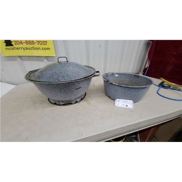 Vintage Grey Speckled Enamelware Lidded Pot and Utility Bucket