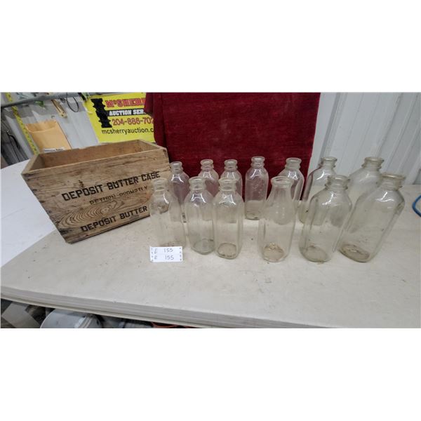 Vintage Wooden Deposit Butter Case Crate and 13x Clear Glass Bottles