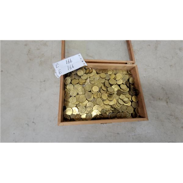 Wooden Display Box with Clear Lid Full of Brass "No Cash Value" Game Tokens