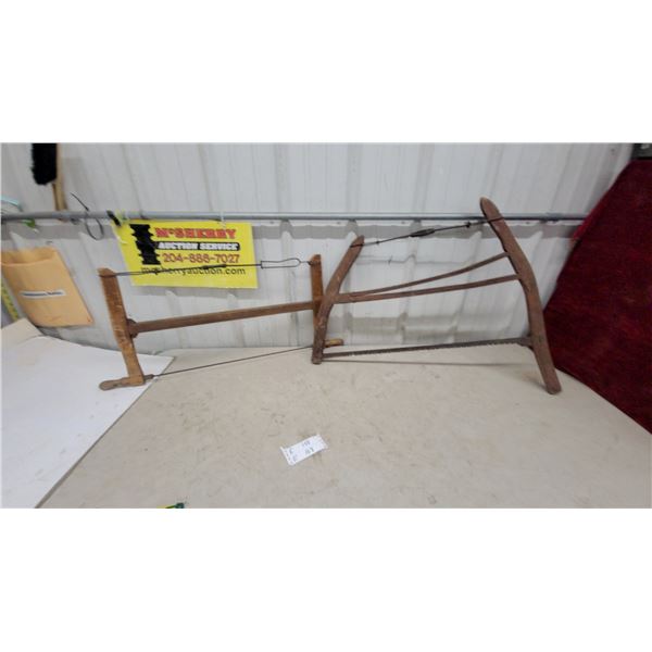 2x Antique Wooden Bucksaw with Wire Tensioning System