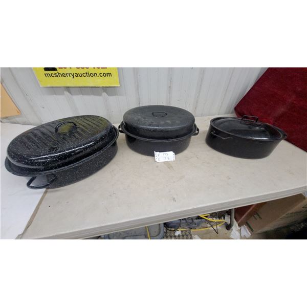 Granite Ware Black Speckle Enamel Cookware, Oval Roasters with Lids and cast Dutch Ovens