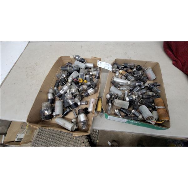 Two Boxes of Vintage Vacuum Tubes and Mallory Electrolytic Capacitors