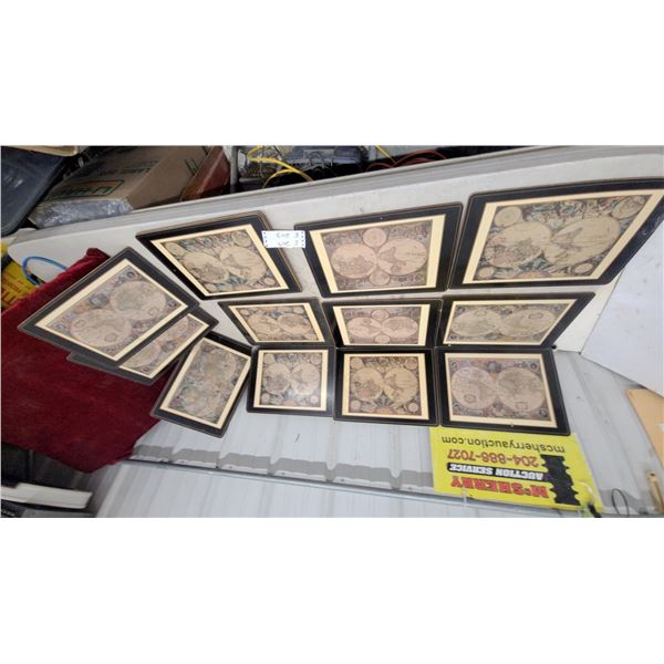 Set of 15 Antique-Style World Map Placemats with Black and Gold Borders