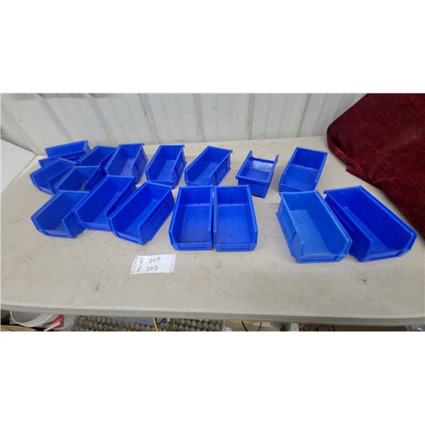 Assortment of Blue Plastic Stackable Parts Bins, Various Sizes