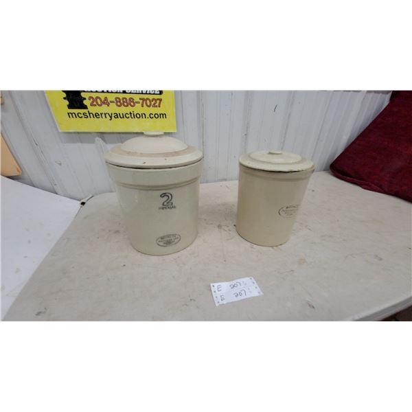 Medalta Potteries 2 Imperial Gallon Crock and One Gallon Crock, Both with Lids