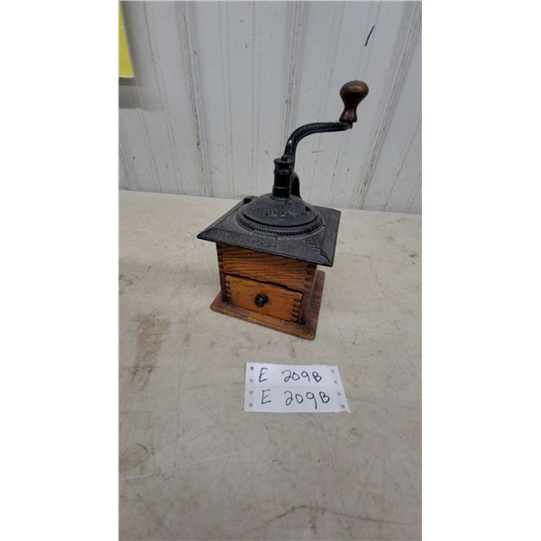 Antique Hand-Crank Cast Iron and Oak Box Mill Coffee Grinder with Dovetailed Drawer
