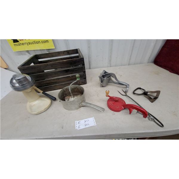 Vintage Kitchen Lot: Spong Slicer, Juicer, Sifter, Ricer, Wood Crate