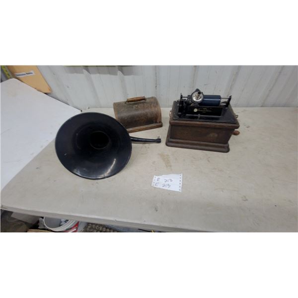 Antique Thomas A. Edison Standard Cylinder Phonograph with Black Horn and Oak Case