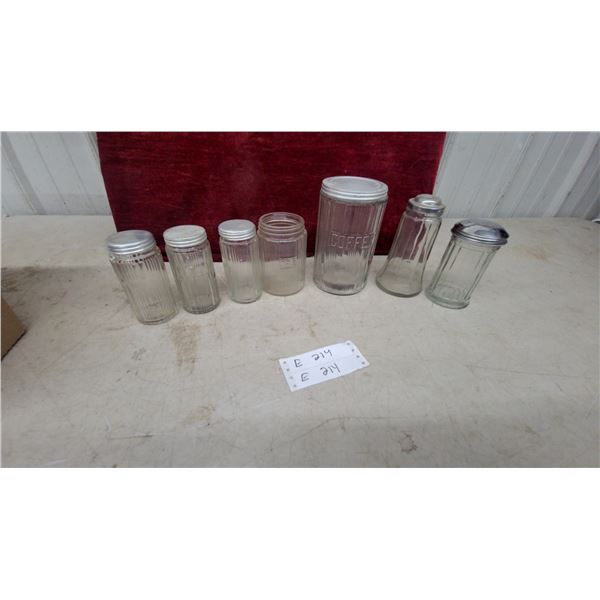 Vintage Ribbed Glass Pantry Jars and Shakers Including Embossed "Coffee" and "Tea"