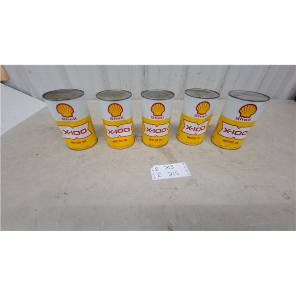 Shell X-100 Motor Oil One-Quart Metal Cans, Set of Five, circa 1960s-1970s all full of product