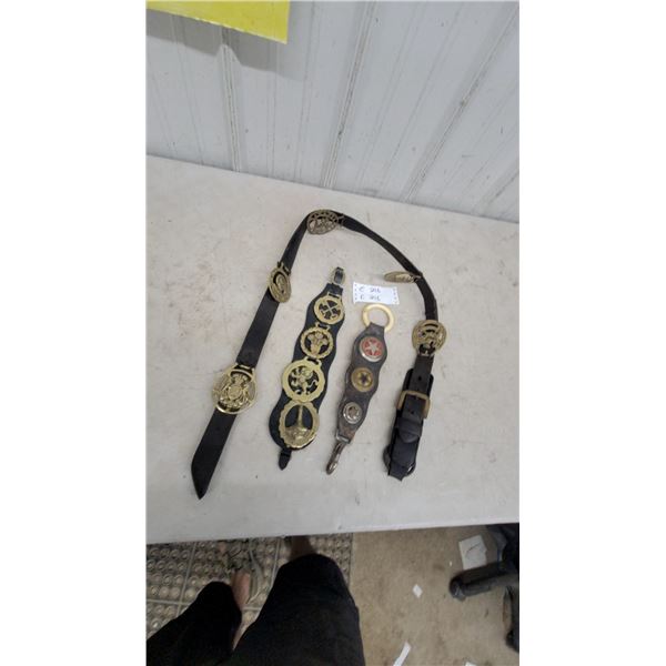 Antique British Horse Brasses on Leather Straps, Royal Coat of Arms, Longships Lighthouse