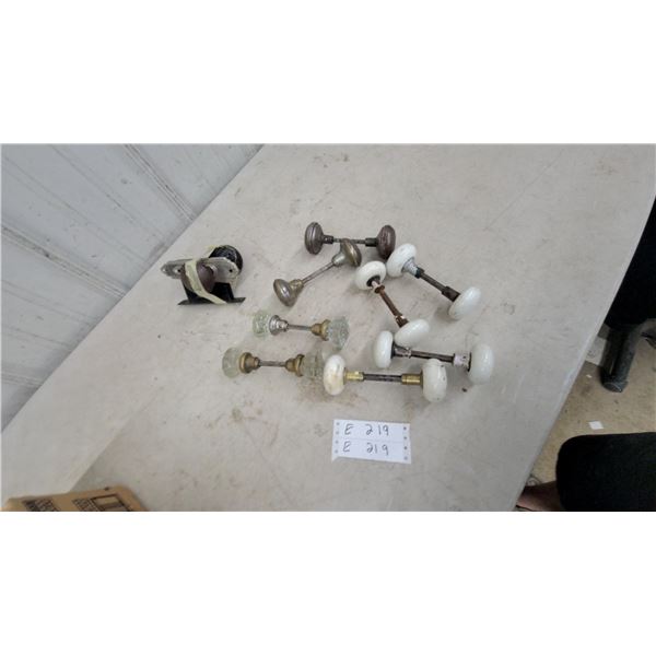 Assorted Antique Door Knobs Including Porcelain, Glass, and Metal With Partial Latch Assembly