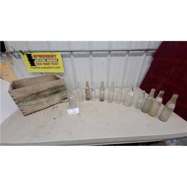 Vintage "Fresh Up" 7Up Wooden Crate with Pepsi, Coca-Cola, Pic-a-Pop Glass Bottles