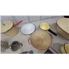 Image 4 : Vintage Victor Flour Sifter, Enamelware Colander, Bowls, Pots, Grater, Egg Beater