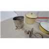 Image 5 : Vintage Victor Flour Sifter, Enamelware Colander, Bowls, Pots, Grater, Egg Beater