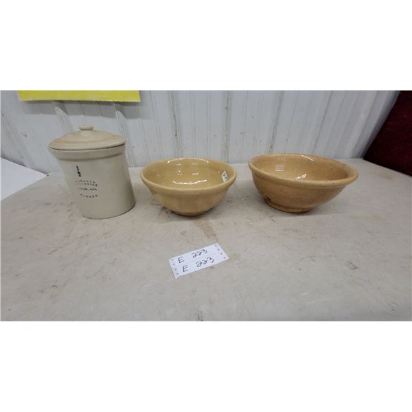 Medalta Potteries 1/2 Gallon Stoneware Crock with Lid and Two Yellow Ware Mixing Bowls