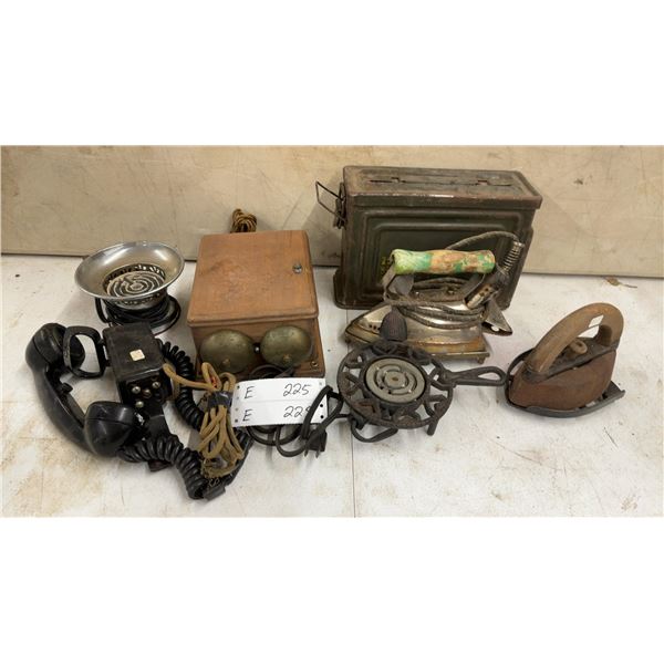 Vintage Ammo Box, Electric Irons, Cast Iron Trivet, Electric Heater, and Telephone