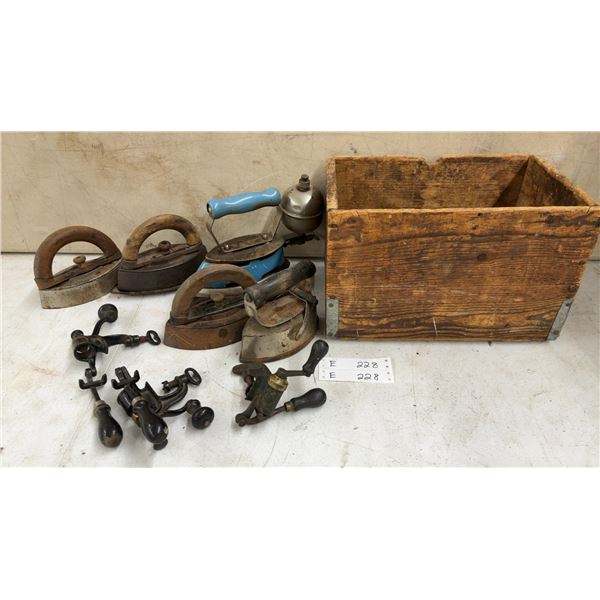 Collection of Antique Irons and Tools with Wooden Box