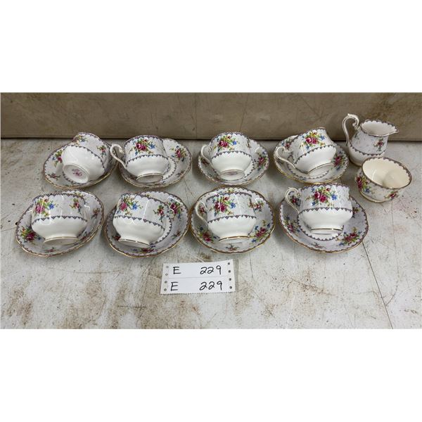 Royal Albert Petit Point China; 8 Tea Cups, 8 Saucers, Sugar and Creamer