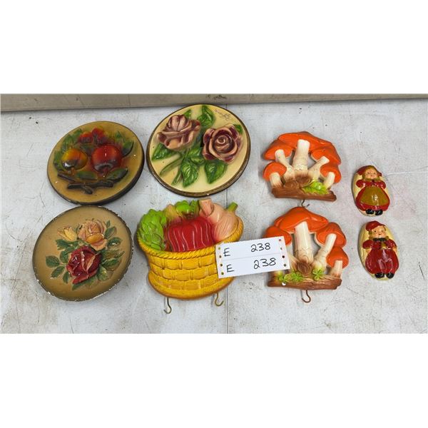 Vintage Wall Decor Chalkware: 2 Mushroom Wall Hooks, Basket of Veggies Wall Hook, 2 Doll Plaques