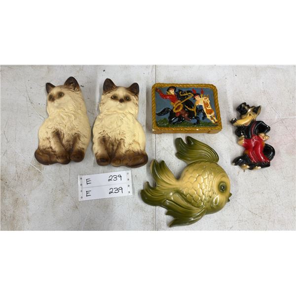 Vintage Wall Chalkware Decor: Pair of Cat Plaques, Goldfish Plaque, Cowboy and Indian Plaque, and