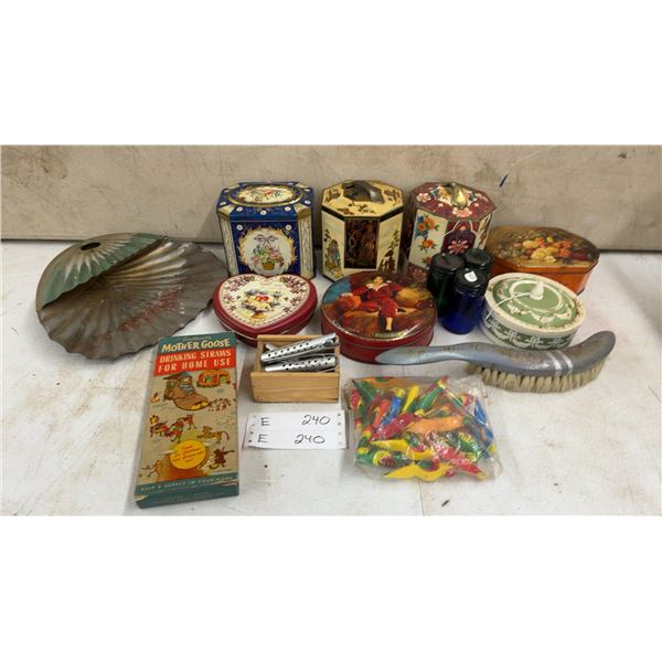 Vintage Tin Boxes, Mother Goose Drinking Straws, Hair Curlers