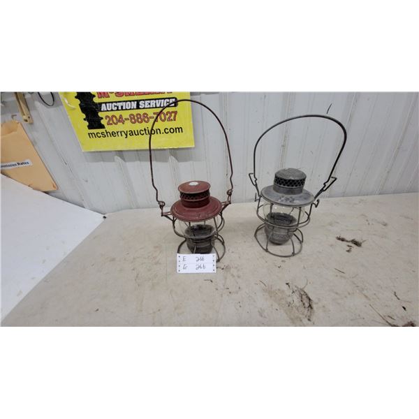 Two Vintage Kerosene Railroad Lanterns Including Dietz New York and CNR With Clear Globes