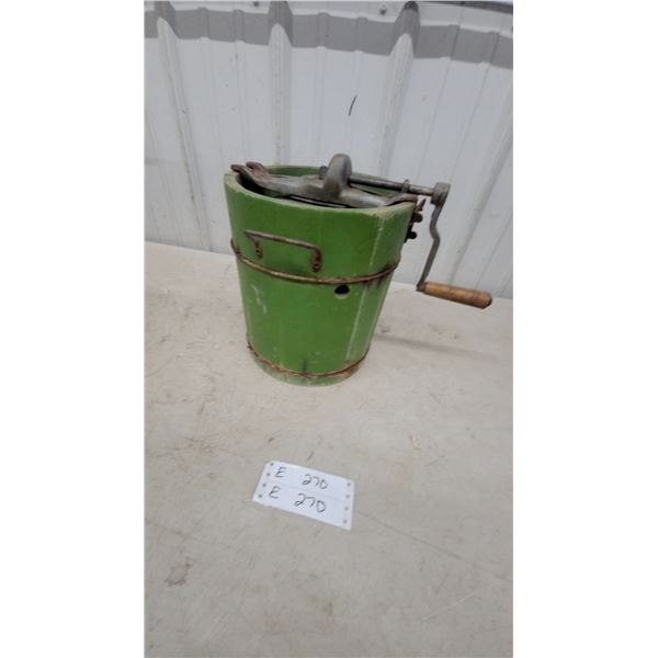 Vintage husky Hand-Crank Ice Cream Maker with Green Wooden Bucket and Metal Bands